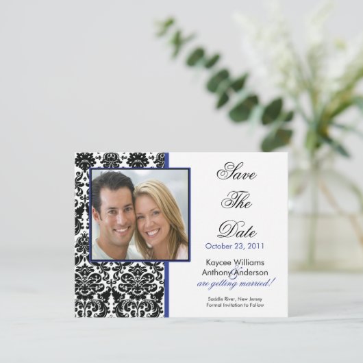 Black Damask Photo Save the Date Notice (Staand voorkant)