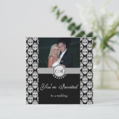 Black Damask Photo Wedding Invitation Kaart (Staand voorkant)