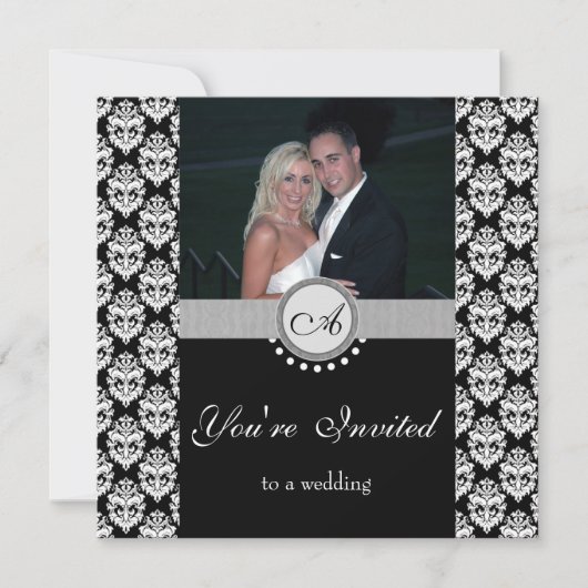 Black Damask Photo Wedding Invitation Kaart (Voorkant)