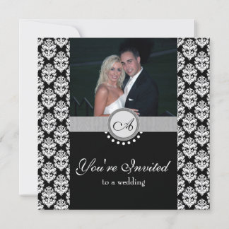 Black Damask Photo Wedding Invitation Kaart