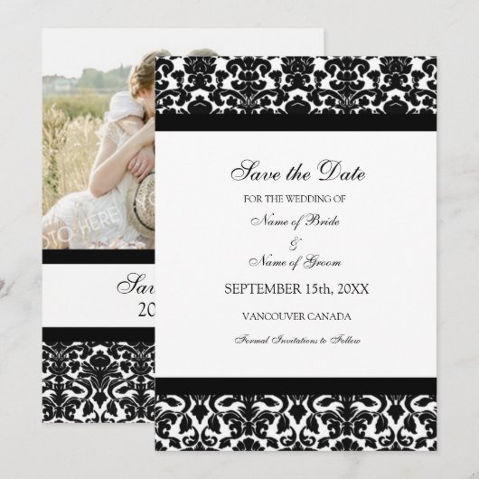 Black Damask Photo Wedding Save the Date Card (Voorkant / Achterkant)