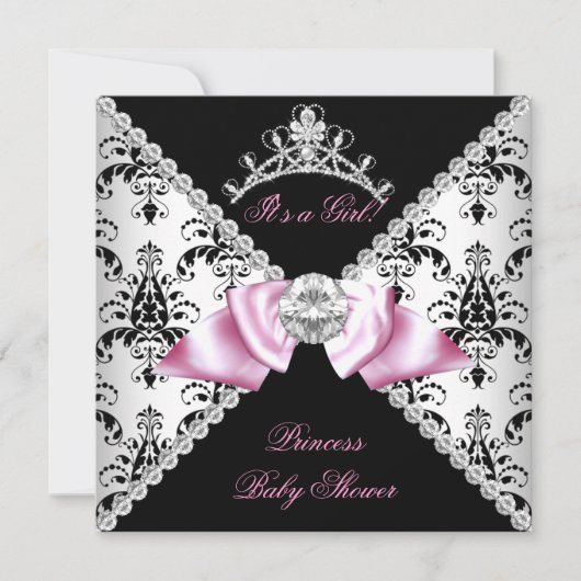 Black Damask Pink Bow Princess Baby shower Diamond Kaart (Voorkant)