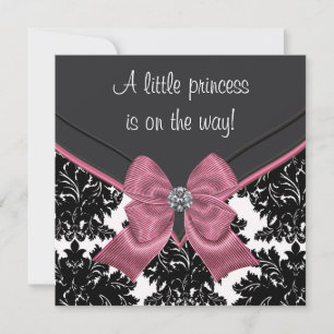 Black Damask Pink Bow Princess Baby shower Kaart