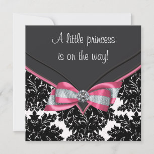 Black Damask Pink Bow Princess Baby shower Kaart