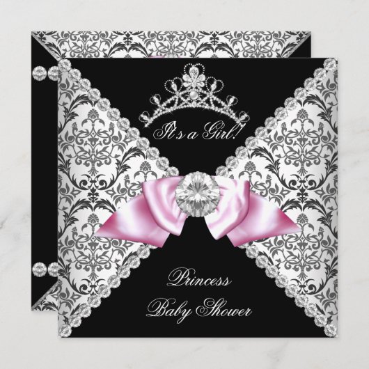 Black Damask Pink Bow Princess Baby shower Pink Kaart (Voorkant / Achterkant)