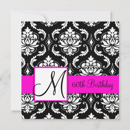Black Damask Pink Monogram 60th Birthday Invite Kaart (Voorkant)