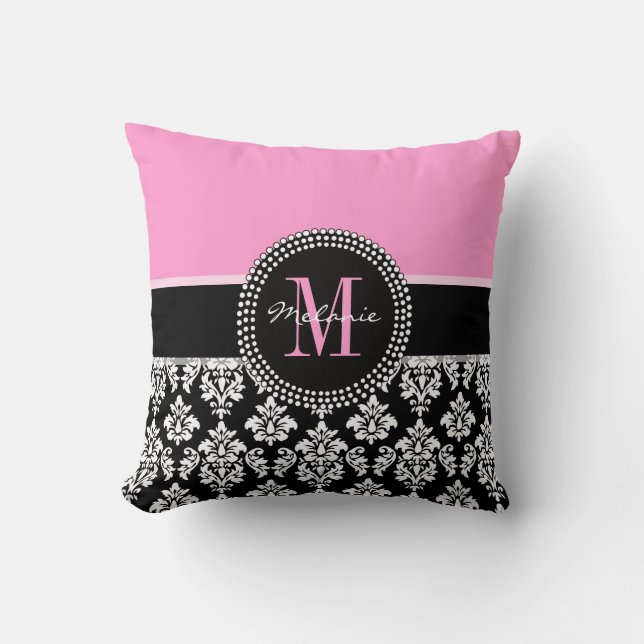 Black Damask Pink Monogram Persoonlijke Pillow Kussen (Voorkant)