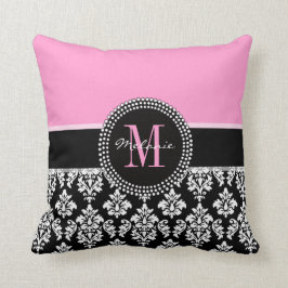 Black Damask Pink Monogram Persoonlijke Pillow Kussen