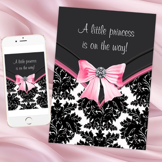 Black Damask Pink Princess Baby shower Kaart