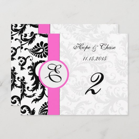 Black Damask Pink Trim Swirls Table Number Cards Briefkaart (Voorkant / Achterkant)