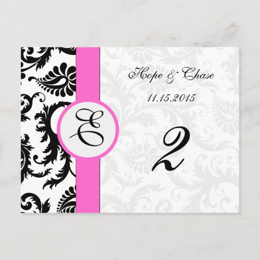 Black Damask Pink Trim Swirls Table Number Cards Briefkaart (Achterkant)