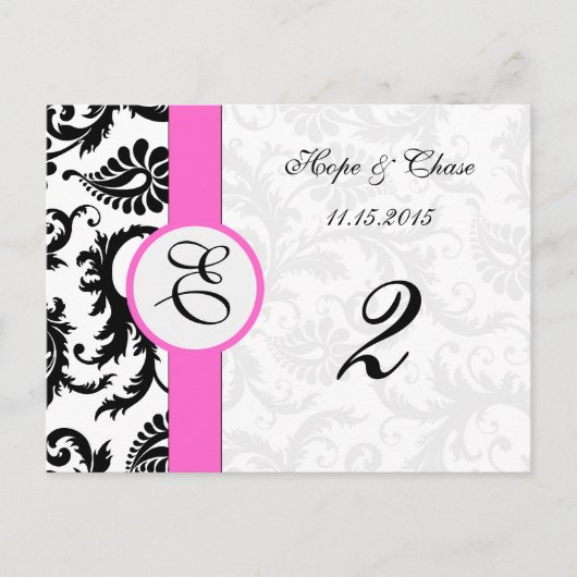 Black Damask Pink Trim Swirls Table Number Cards Briefkaart (Voorkant)
