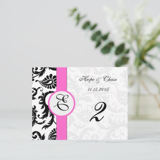 Black Damask Pink Trim Swirls Table Number Cards Briefkaart (Staand voorkant)