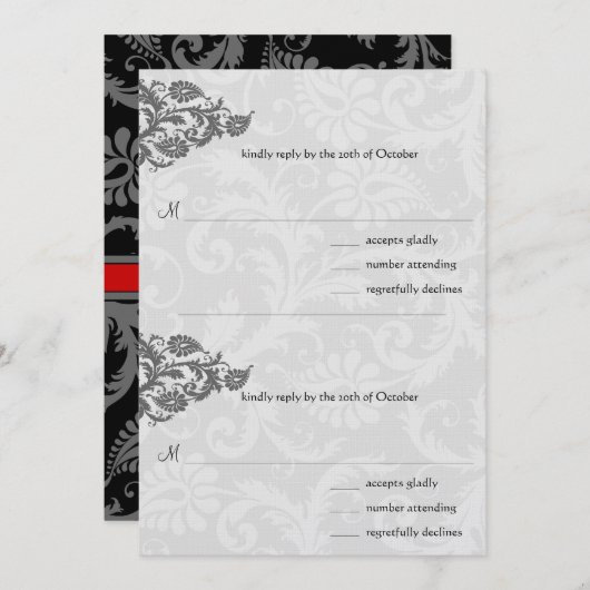 Black Damask Plum Hearts RSVP Wedding Invitation Kaart (Voorkant / Achterkant)