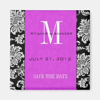 Black Damask Plum Monogram slaat de datum op Magneet