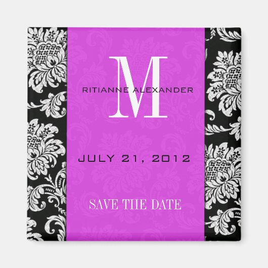 Black Damask Plum Monogram slaat de datum op Magneet (Voorkant)