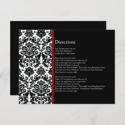 Black Damask Red Accent Direction Card Informatiekaartje (Voorkant / Achterkant)