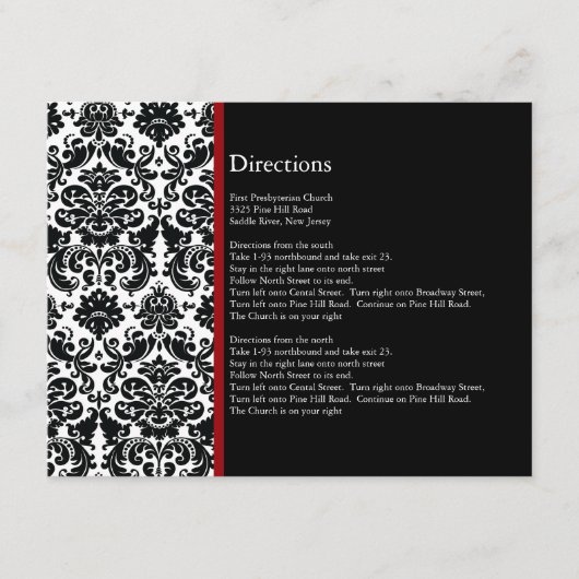 Black Damask Red Accent Direction Card Informatiekaartje (Voorkant)