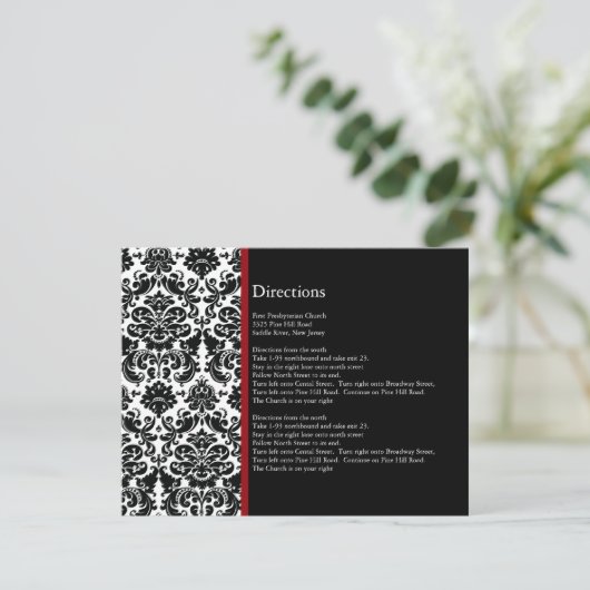 Black Damask Red Accent Direction Card Informatiekaartje (Staand voorkant)