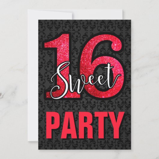 Black Damask Red Glitter Sweet 16 Verjaardagsfeest Kaart (Voorkant)