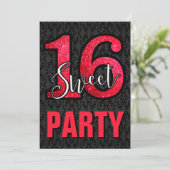 Black Damask Red Glitter Sweet 16 Verjaardagsfeest Kaart (Staand voorkant)