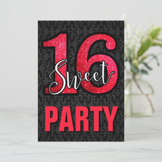 Black Damask Red Glitter Sweet 16 Verjaardagsfeest Kaart (Staand voorkant)