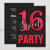 Black Damask Red Glitter Sweet 16 Verjaardagsfeest Kaart (Voorkant / Achterkant)