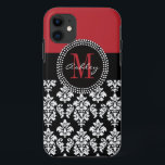 Black Damask Red Initiaal Name iPhone 11 Hoesje<br><div class="desc">Zwarte Damask,  Rode Monogram Initiaal. Ontwerp door Elke Clarke ©2011. Volledig aanpasbaar. Personaliseer met jouw naam,  monogram initiaal.</div>