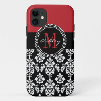 Black Damask Red Initiaal Name iPhone 11 Hoesje