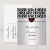 Black Damask Red Jewel Heart Silver Save the Da Aankondigingskaart (Voorkant / Achterkant)