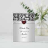 Black Damask Red Jewel Heart Silver Save the Da Aankondigingskaart (Staand voorkant)