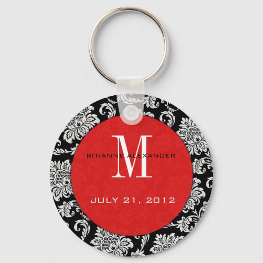 Black Damask Red Monogram Wedding Sleutelhanger (Voorkant)