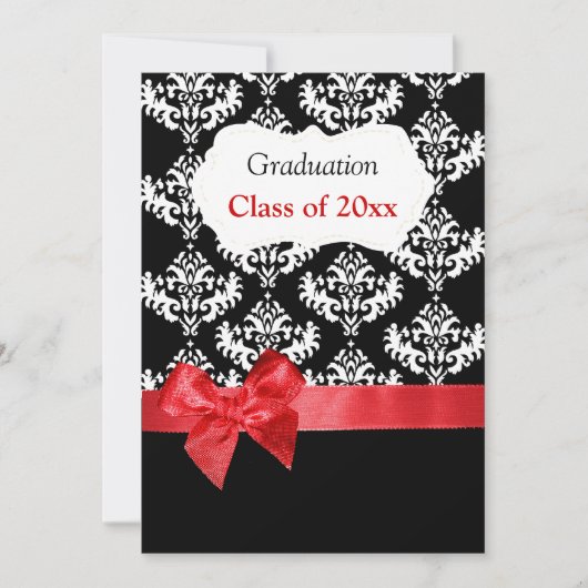 Black Damask & Red Ribbon Afstuderen Invitation Kaart (Voorkant)