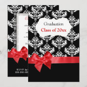 Black Damask & Red Ribbon Afstuderen Invitation Kaart (Voorkant / Achterkant)