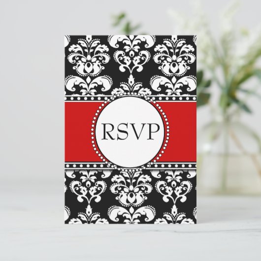 Black Damask Red RSVP voor Square Invitations (Staand voorkant)