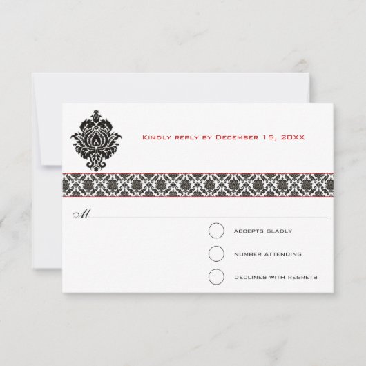 Black Damask Red Trim Wedding Response RSVP Kaartje (Voorkant)