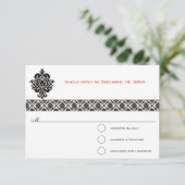 Black Damask Red Trim Wedding Response RSVP Kaartje (Staand voorkant)