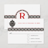 Black Damask Red Trim Wedding Response RSVP Kaartje (Voorkant / Achterkant)