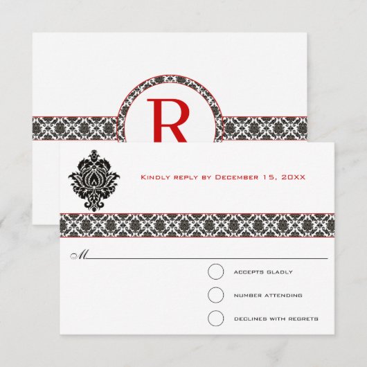 Black Damask Red Trim Wedding Response RSVP Kaartje (Voorkant / Achterkant)