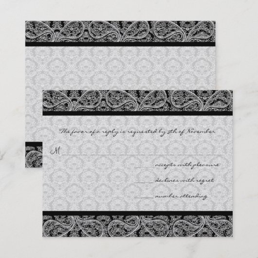 Black Damask Response Kaart- RSVP Kaartje (Voorkant / Achterkant)