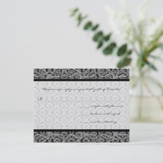 Black Damask Response Kaart- RSVP Kaartje (Staand voorkant)