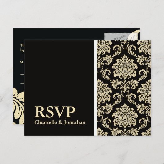 Black Damask RSVP Briefkaart (Voorkant / Achterkant)