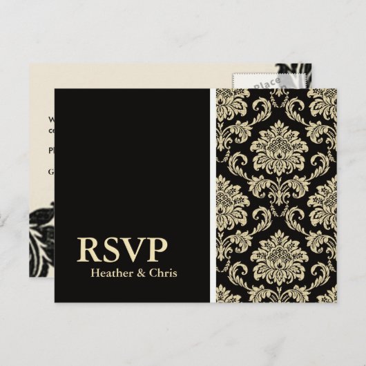 Black Damask RSVP Briefkaart (Voorkant / Achterkant)