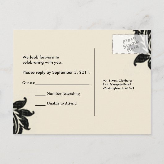Black Damask RSVP Briefkaart (Achterkant)