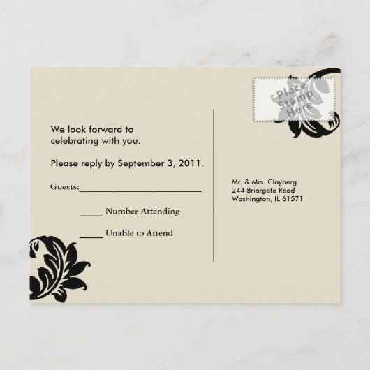 Black Damask RSVP Briefkaart (Achterkant)