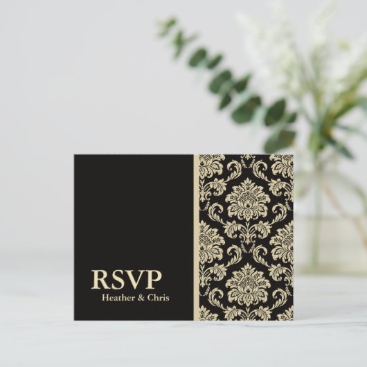 Black Damask RSVP Briefkaart (Staand voorkant)