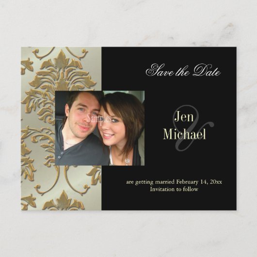 Black Damask Save the Date Foto briefkaarten, Aankondigingskaart (Voorkant)