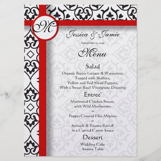 Black Damask Side Borders Red Trim WeddenMenu Menu (Voorkant)