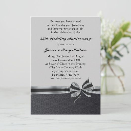 Black Damask Silver 25th Jubileum Party Kaart (Staand voorkant)
