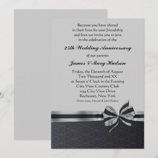 Black Damask Silver 25th Jubileum Party Kaart (Voorkant / Achterkant)